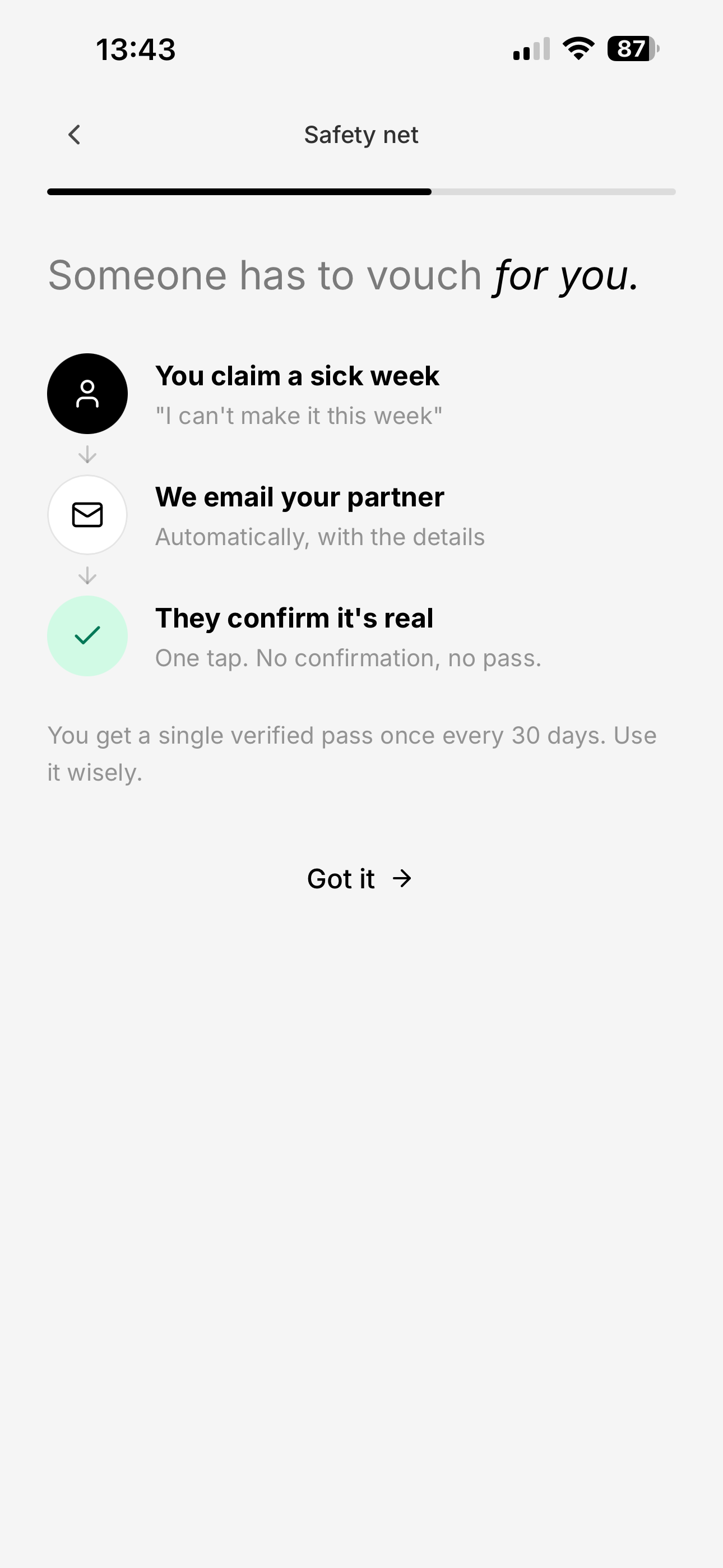 Default app safety net screen: your partner is emailed and confirms your sick week with one tap.