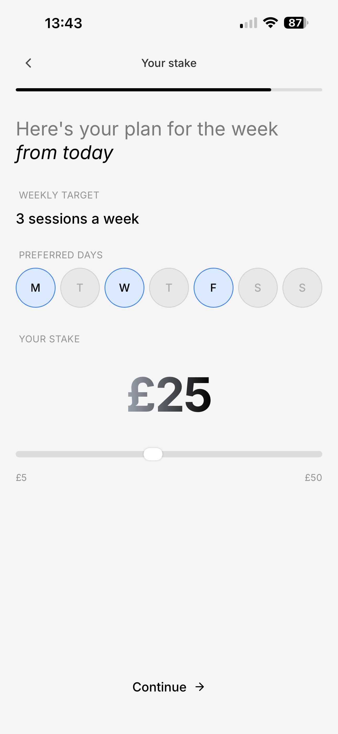 Default app stake setup screen: 3 sessions a week, Monday Wednesday Friday selected, £25 stake on a slider from £5 to £50.